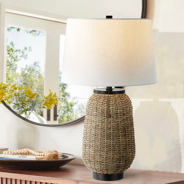 Chakrii 25" Rustic Bohemian Iron/Rattan LED Table Lamp with Pull-Chain - JONATHAN Y